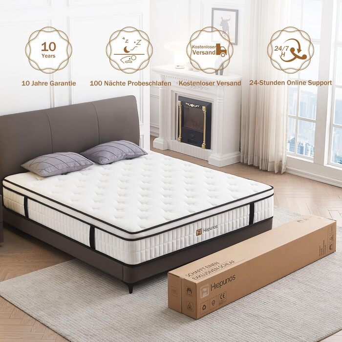 Матрац 180x200 см, пружинний матрац кишенькової форми, рівень жорсткості H3, 7-зонний пружинний матрац, ортопедичний з комфортним шаром піни з ефектом пам&39яті, розвантаження спини 26 см, 180x200x26 см