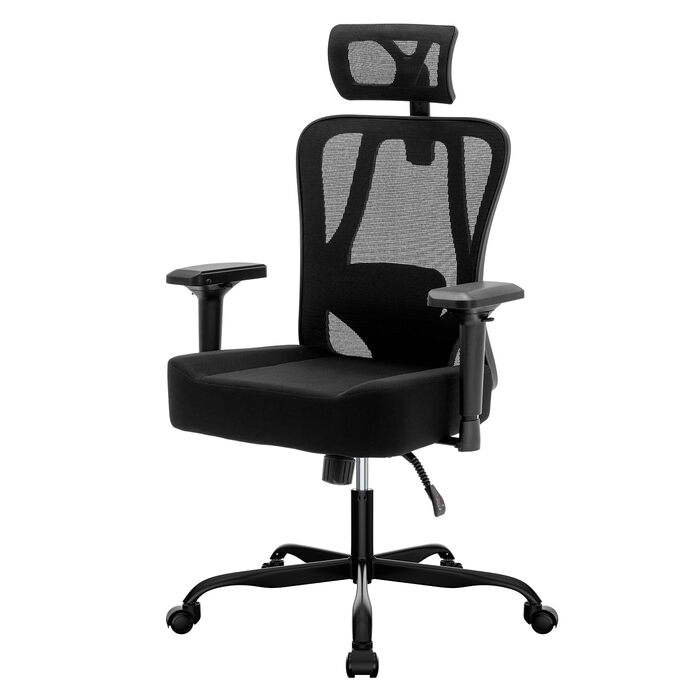Ергономічне офісне крісло, обертове крісло з функцією гойдання, офісне крісло з регульованим підголівником, 2D підлокітники, крісло керівника з сітки, поперекова підтримка, функція гойдання 90-125, вантажопідйомність 120 кг Black-1