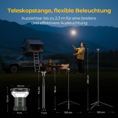 Висувний кемпінговий ліхтар BougeRV CL03 3200LM, акумуляторний кемпінговий ліхтар ємністю 8000 мАг, робочий ліхтар 2,3 м, телескопічний кемпінговий ліхтар для подорожей по бездоріжжю, для автофургонів, кемпінгу, будівельного майданчика, гаража, темно-зеле