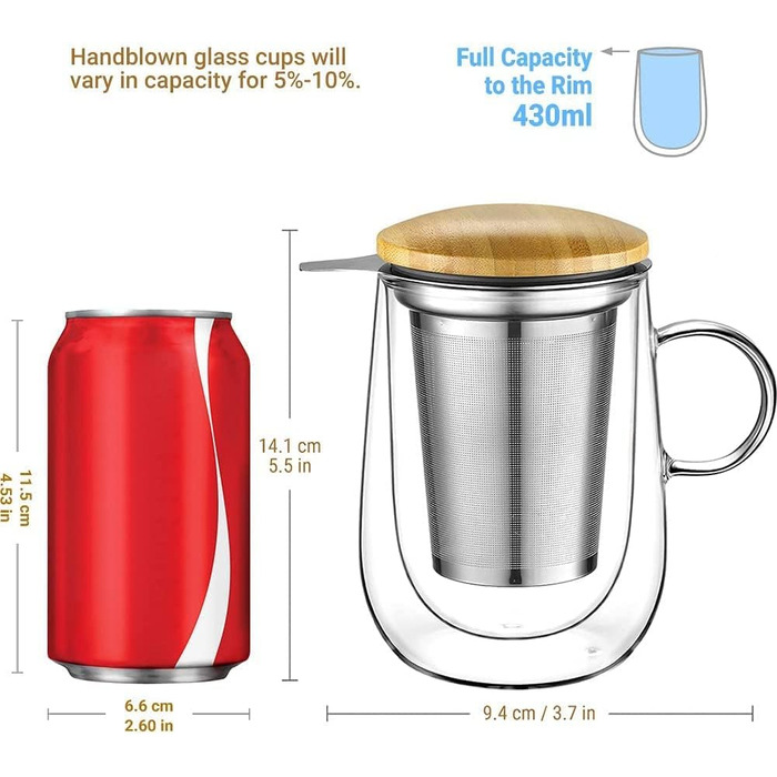 Мл Скляна чашка для чаю з подвійними стінками з металевим ситечком Чайне скло Чашка з боросилікатного скла Тип 1 Прозора, 430