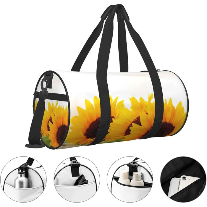 Спортивна сумка, дорожня сумка, сумка для подорожей, з принтом соняшників на дерев'яній текстурі, сумка на нічліг, чорна, універсальний розмір