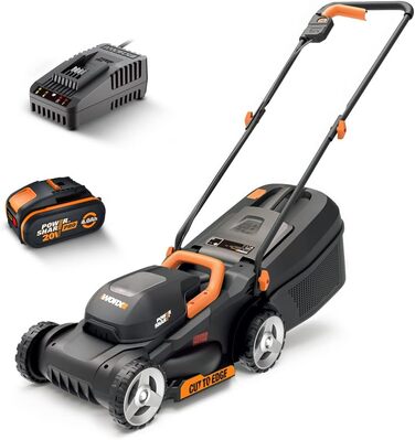 Акумуляторна газонокосарка WORX WG730E 20В та WA3553 Акумулятор 20В - Перезаряджається, потужний акумулятор з вбудованим індикатором рівня заряду для всіх пристроїв WORX - Li-Ion акумулятор 4000 мАг PowerShare