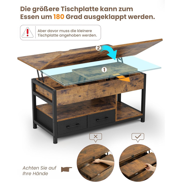 Журнальний столик з регульованою висотою, багатофункціональний стіл для вітальні 3-в-1, журнальний столик з 2 шухлядами, приховане місце для зберігання речей, відкрите відділення, можна використовувати як обідній стіл, для вітальні, офісу, коричневий