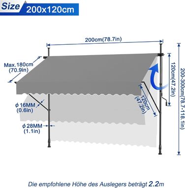 Тент Aufun з кріпленням на щипці та ручним кріпленням, балкон 200 x 120 см, світло-сірий, балконний тент без свердління, сонцезахисний тент з поліестеру, стійкий до ультрафіолету та регульований по висоті, накриття для патіо