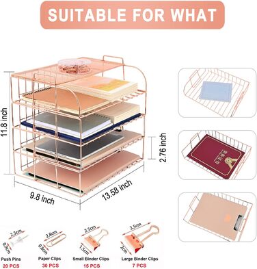 Лоток для листів A4, відсіки для зберігання Штабельований стіл-органайзер Лоток, органайзер для канцелярського приладдя Рожеве золото Відділення для зберігання для школи, дому та офісу