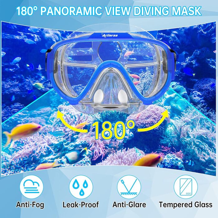 Маска для дайвінгу для дорослих, комплект для дорослої трубки з трубкою та маскою для дайвінгу, панорамна трубка із загартованого скла HD 180 із захистом від запотівання та протікання преміум-класу з сухим покриттям