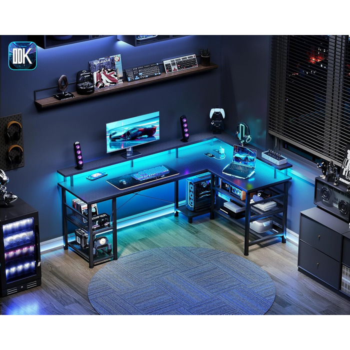 Ігровий стіл ODK зі світлодіодним освітленням, двосторонній ігровий стіл 150102 см з 2 розетками та 2 портами USB для зарядки, великий кутовий стіл із сітчастою полицею, чорний колір з вуглецевого волокна 150102 см з вуглецевого волокна, чорний колір