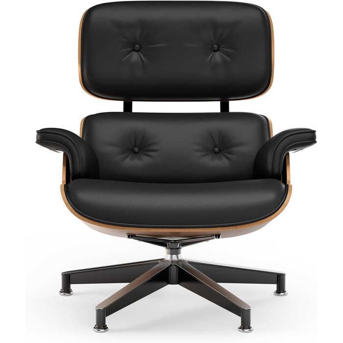 Крісло-рекламо зі штучної шкіри з пуфом, сучасне крісло під телевізор, обертовий шезлонг з пуфом, фіксований кут нахилу 105, унікальний дизайн з м&39якою подушкою, чорна штучна шкіра, каркас під горіхове дерево