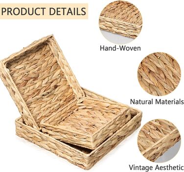 Набір із 3 підносів для зберігання, сплетених з водяного гіацинта та морської трави, квадратні декоративні підноси для подачі, кошики для зберігання ручної роботи з водяного гіацинта для вітальні, їдальні та ванної кімнати, кухні
