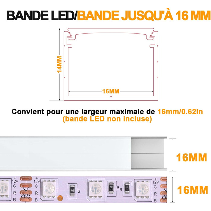 Світлодіодний профіль Angdarun Алюмінієвий 12 пакет, світлодіодний профіль для ширини до 16 мм світлодіодна стрічка, смуга/смуга, алюмінієвий профіль 1 м/3,3 фута для світлодіодного каналу, алюмінієвий профіль для світлодіодної стрічки Прикраса домашньої 