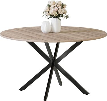 Круглий обідній стіл MSFE, круглий кухонний стіл 120 см, дерев&39яний кухонний стіл, ретро-індустріальний обідній стіл з чорними металевими ніжками та оздобленням з натурального горіха, лише 1 круглий стіл