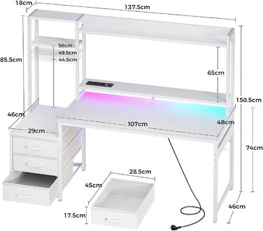 Ігровий стіл Coleshome з полицями та шухлядами, 13748 см Ігровий стіл зі світлодіодним освітленням та розеткою, комп&39ютерний стіл з полицями та підставкою для монітора, вуглецеве волокно білого кольору Карбонове волокно білого кольору 13748 см