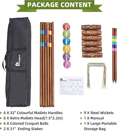Набір для крокету Pointyard для 6 гравців, 81,3 см, вінтажний стиль, набір для крокету з дерев&39яними молотками/кольоровими м&39ячами/хвіртками/кілками для дорослих/молоді/сім&39ї, ідеально підходить для гри на газоні/задньому дворі/парку, вінтажний арха
