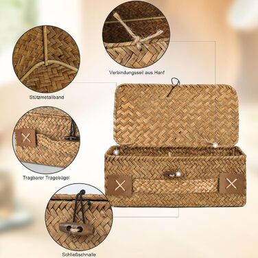 Кошик для зберігання з ротанга з кришкою, 3 шт. плетених кошиків з натуральної морської трави, багатофункціональна коробка для зберігання іграшок, косметики, туалетного паперу для ванної кімнати, велика - 3 шт. - кавового кольору