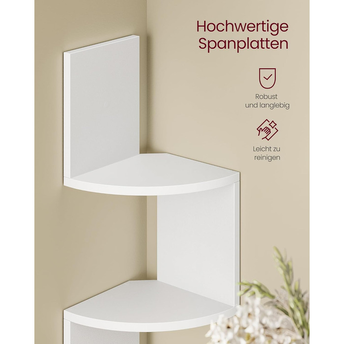 Кутова полиця VASAGLE зі світлодіодним освітленням, 5-рівнева настінна полиця, плаваюча книжкова полиця, книжкова шафа, полиця для рослин для спальні, вітальні, ванної кімнати, домашнього офісу, матово-білий колір LBC630W01