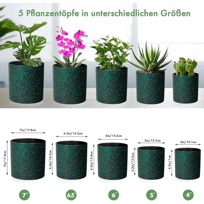 Набір з 5 квіткових горщиків з блюдцями, 17,8 см/15,2 см/14 см/12,7 см/10,2 см, пластикові кашпо, набір квіткових горщиків, ідеально підходить для кімнатних та балконних садів, чорний із зеленими цятками 765,554 дюймів (5 шт.) чорний із зеленими цятками