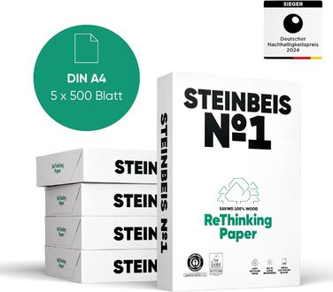 Папір для принтера Steinbeis No. 1 перероблений папір формату DIN A4 80 г/м, білий і без хлору, високоякісний копіювальний папір на 2500 (5 x 500) аркушів ISO 70 / CIE 55