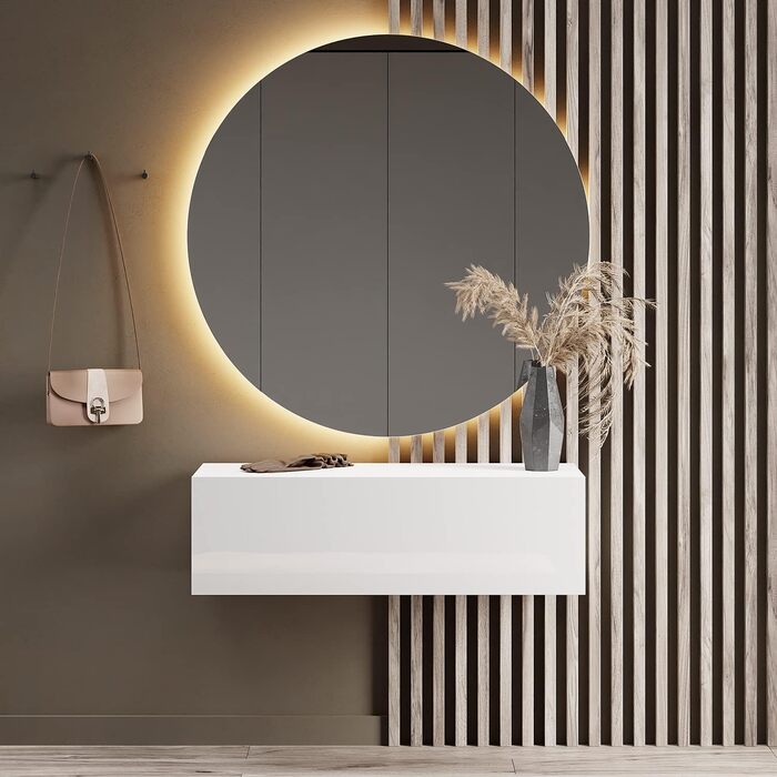 Вішалка для передпокою Planetmbel 100 см вкл. дзеркало кругле з підсвічуванням 100 см, біла, меблі для передпокою з дзеркалом, 37,