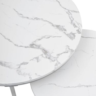 Круглий журнальний столик з мармуру Hitsuki, білий столик для вітальні, комплект із 2 круглих журнальних столиків, срібний бічний столик з металевим каркасом, столик для вітальні, білий мармур та срібний журнальний столик