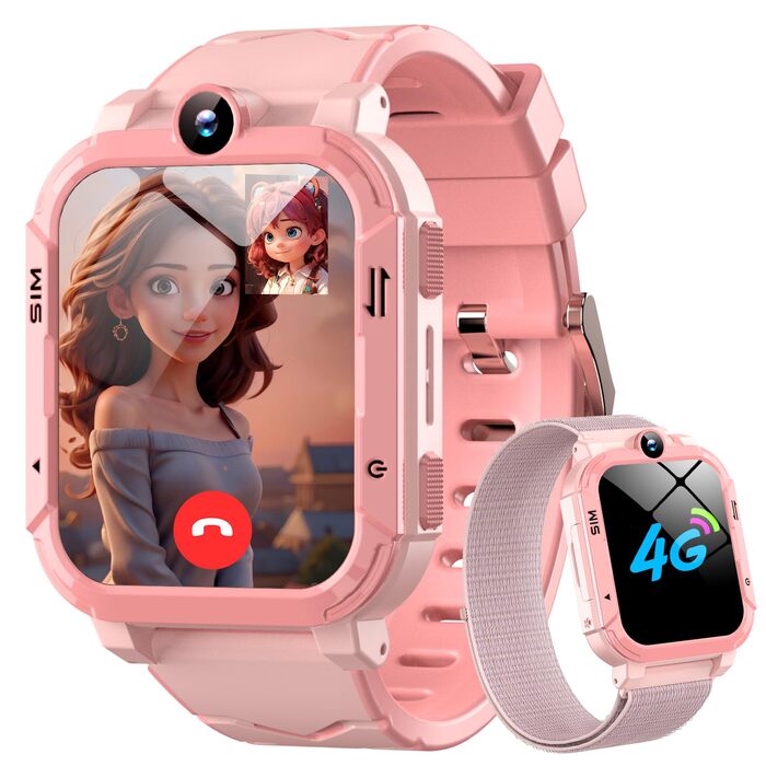 Розумний годинник Blackview Kids, слот для SIM-картки, LBSWiFiGPS-трекер, функція 4G, екстрений виклик SOS, телефонні дзвінки, відеодзвінки, голосовий чат, SMS, шкільний режим, дитячий годинник для дівчаток та хлопчиків, 4G - персиково-рожевий