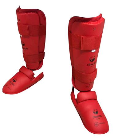 Щитки для гомілок Tokaido WKF червоно-сині, захисні накладки для карате, захисні накладки для ніг для змагань та тренувань, червоні, розмір XL