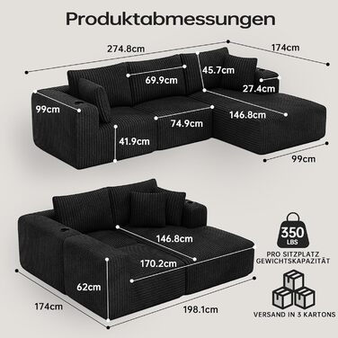 Модульний диван DURASPACE, диван Cloud Boneless з глибоким сидінням, підсклянником, піною з ефектом пам&39яті, L-подібний вельветовий диван, розкладний диван-ліжко для вітальні та спальні, не потребує складання, шезлонг праворуч