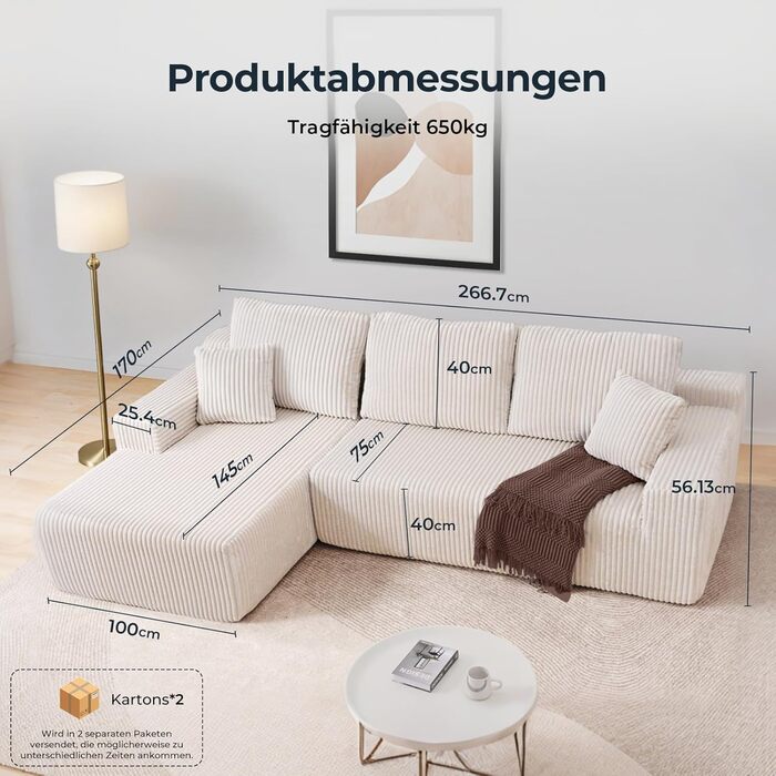 Кутовий диван Cloud, L-подібний модульний кутовий диван з глибоким сидінням, диван без опорних стійок для вітальні та спальні, кремова вельветова оббивка, лівий шезлонг бежевого кольору, 105&39