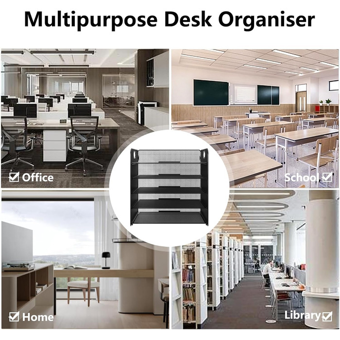 Настільний органайзер для листів 5 відділень Металевий лоток для документів A4 Лоток для паперу Тримач для журналів Аксесуар-органайзер для офісу, дому, школи, чорний