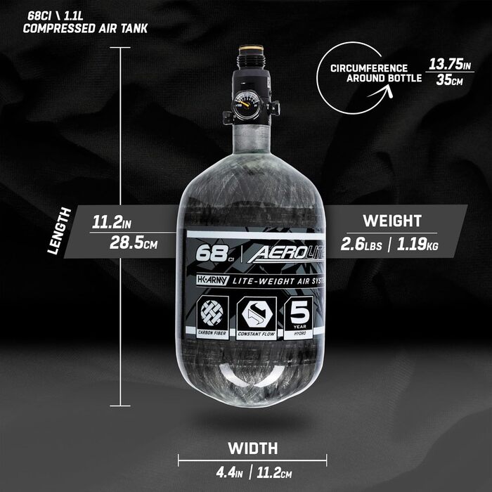 Система пейнтбольного балона HK Army AeroLite 68/4500 HPA – вуглеволокно, прозорий, 800 psi, авіаційний алюміній, 5-річний гідроцикл