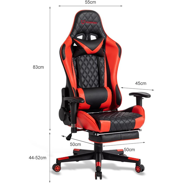 Ергономічне ігрове крісло, повністю регульоване з підлокітниками, підставкою для ніг, підголівником, спинкою та подушкою функція нахилу максимальний комфорт для геймерів та офісних працівників. З підставкою для ніг, червоного кольору.
