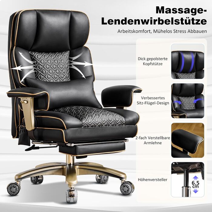 Ергономічне офісне поворотне крісло Hellove з пневматичною поперековою опорою, стілець зі штучної шкіри з підставкою для ніг, функцією нахилу та повороту, шумопоглинаючі колеса, чорний колір