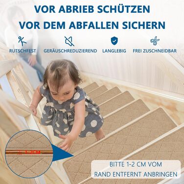 Килимові сходинки, нековзні, 20x76 см (15 шт.), килимова доріжка для сходів, багаторазовий клей для чистих, гладких сходів, захисний килимок для сходів для дітей, бежевий