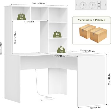Кутовий письмовий стіл FirFurd з подовжувачем, L-подібний комп&39ютерний стіл з книжковою полицею, стіл для ПК/ноутбука для офісу, кабінету, вітальні, домашнього офісу, білий, 153 x 125 x 108 см, білий/розкішний сад