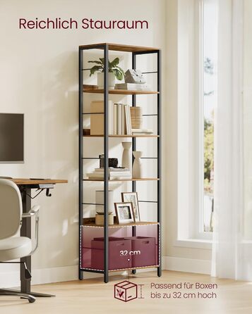 Рівнева книжкова полиця, полиця для зберігання, 30 x 60 x 178 см, із задніми панелями, для вітальні, кабінету, домашнього офісу, промисловий дизайн, вінтажний коричнево-чорний колір LLS118B01 6 рівнів (60 см), 6-