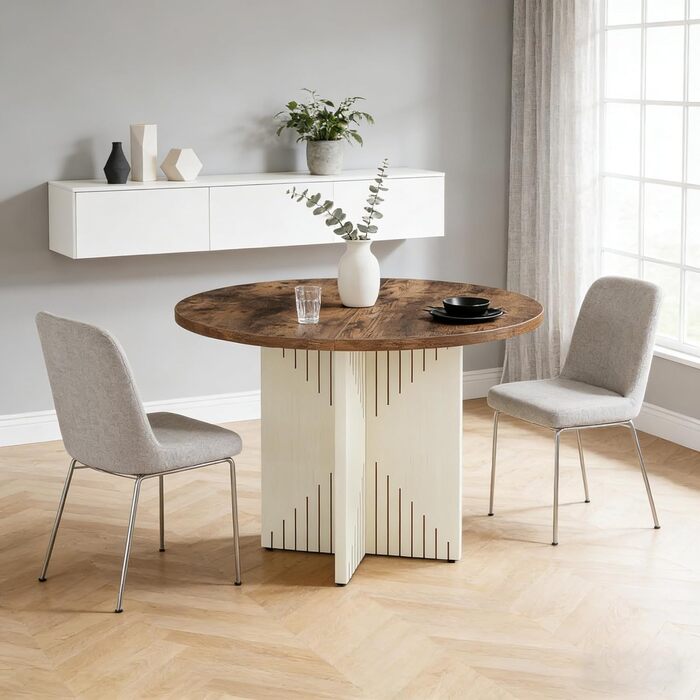 Круглий обідній стіл LITTLE TREE, сучасний кухонний стіл 100 см, обідній стіл з круглою дерев&39яною основою, велика робоча поверхня з МДФ для 4-6 осіб, коричневий та бежевий