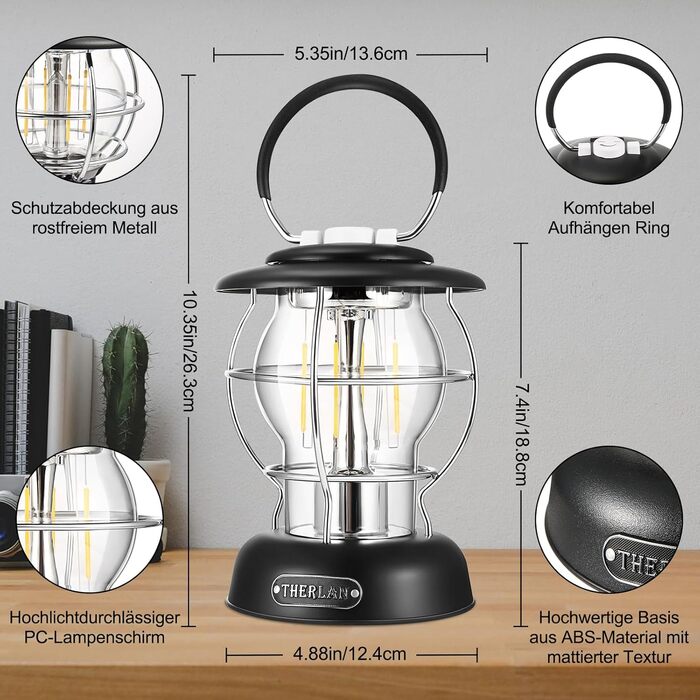 Ліхтар для кемпінгу, ретро-ліхтар для кемпінгу, (320 лм, IP44, 5000 мАг, до 180 годин) 3 рівні яскравості, плавне затемнення, акумуляторний ліхтар для кемпінгу, зовнішній світлодіодний ліхтар для кемпінгу RCL0002