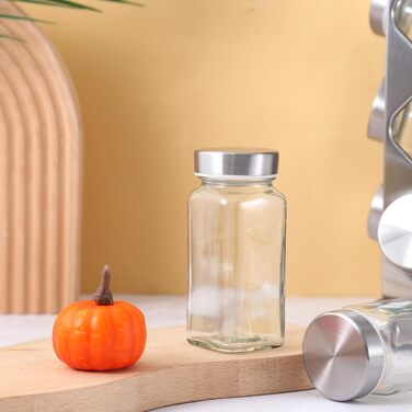 Обертова на 360 підставка для спецій з нержавіючої сталі з 16 баночками для спецій карусельний органайзер для спецій для кухні, дерев&39яна та скляна підставка для спецій, поворотний стіл компактна, стійка до іржі, без бісфенолу А, срібляста