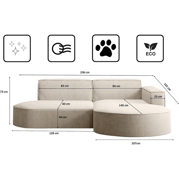 Кутовий диван з вітальнею, L-подібний кутовий диван, 3-місний диван, м&39який диван, зручний диван з пуфом для вітальні, розкладний диван, стильний вельветовий диван, Modena Studio, бежевий, правий, бежевий