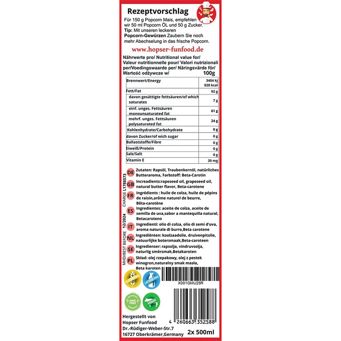 Літр олії для попкорну з тонким смаком натурального вершкового масла та практичним носиком Попкорн зі смаком кукурудзяного масла з високим нагріванням Жир Rapeseed Symphony зі смаком олії виноградних кісточок та вершкового масла 500 мл (2 шт. в упаковці),