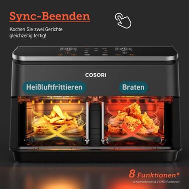 Аерофритюрниця COSORI з подвійною камерою, фритюрниця Max 8.5 л з аксесуарами, фритюрниця з 50 онлайн-прийомами, функціями 8 в 1, оглядове вікно, енергозбереження, чорний 8.5 л чорний