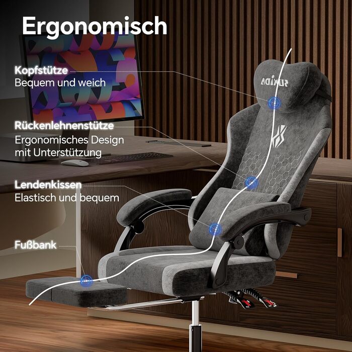 Ігрове крісло SUKIDA, ергономічне робоче крісло з підставкою для ніг, підголівником та поперековою подушкою, робоче крісло з високоякісною тканинною поверхнею - чорне