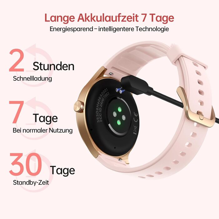 Розумний годинник для жінок та чоловіків, круглий (2 ремінці), 1,27-дюймовий сенсорний HD-екран, 40-мм розумний годинник з функцією телефону/голосовим помічником зі штучним інтелектом, 120 спортивних режимів, фітнес-трекер з серцевим ритмом, SpO2, рожевий
