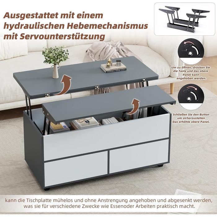 Журнальний столик Merax, стіл для вітальні з регульованою висотою, багатофункціональний журнальний столик 3-в-1 з прихованим місцем для зберігання, шухлядами та коліщатками, що трансформується в обідній стіл, диван-стіл для домашнього офісу, сіро-білий 10