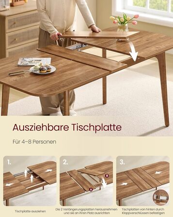 Обідній стіл VASAGLE, кухонний стіл, розсувна стільниця, вантажопідйомність 120 кг, для їдальні, офісу, кабінету, простий дизайн, медово-коричневий KDT090K01