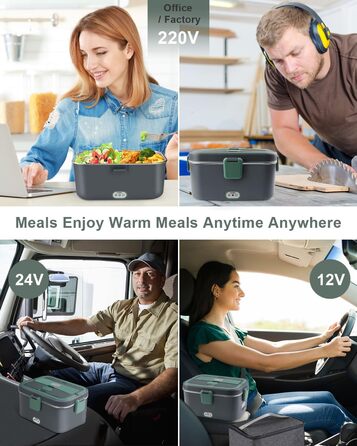 Електричний ланч-бокс AUTOPkio 1,8 л 80 Вт, 12 В/24 В/220 В, великий підігрів їжі з сумкою, виделкою та ложкою з нержавіючої сталі для автомобіля, вантажівки, офісу, сірийзелений