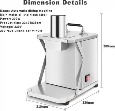 Комерційна овочева машина Oiyekntd з сітчастими ножами, міцна нержавіюча сталь, 200 Вт, електрична машина для кубиків фруктів для картоплі, моркви, огірків, пітаї, 8 мм