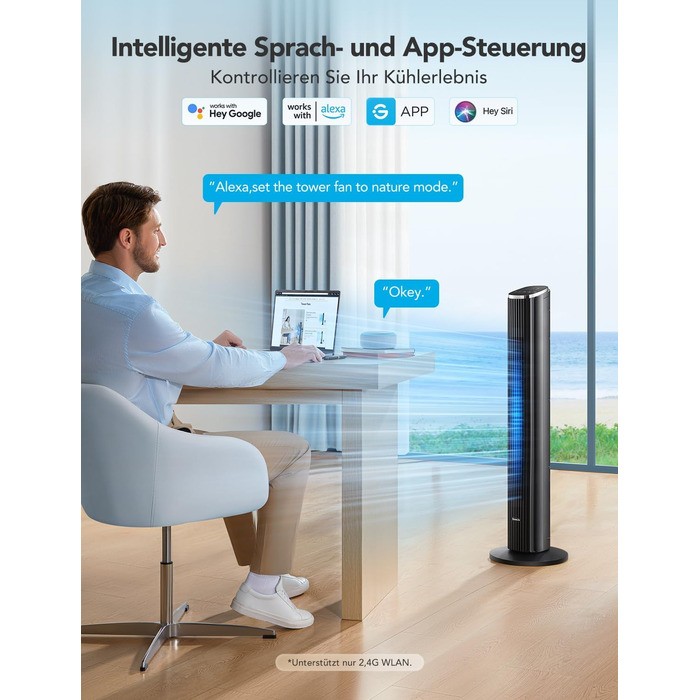 Інтелектуальний безшумний баштовий вентилятор GoveeLife, вентилятори, що обертаються на 75, з додатком і голосовим пультом дистанц