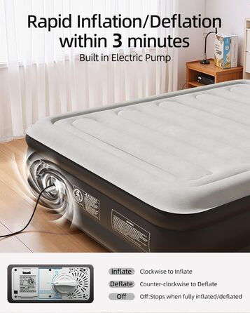 Надувний матрац CHILLSUN для 2 осіб, 203x152x46 см, з електричним насосом, надзвичайно товста водонепроникна флокована поверхня, легко зберігається для кемпінгу та гостьового ліжка