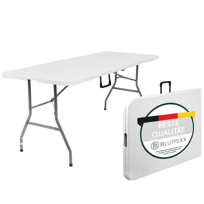 Складаний кемпінговий стіл Blumixx 180x74x74 - Легкий складаний стіл з ручкою для перенесення, всепогодний садовий стіл, складний фуршетний стіл для кемпінгу, саду, балкону, фестивалю та використання на свіжому повітрі - всепогодний, стабільний та легкий,