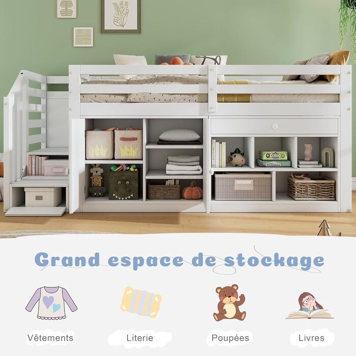 Дитяче ліжко 90x200, ліжко-горище з письмовим столом, шафою для зберігання та сходами для зберігання, дерев&39яне ліжко із захистом від падіння та рейковою основою, односпальне ліжко, дитяче ліжко, функціональне ліжко, ліжко з місцем для зберігання, карка